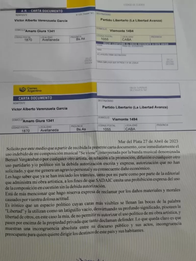 La Bersuit envió carta documento a Milei y pidieron que no use sus canciones 1 644ad9dc1f871 780x780