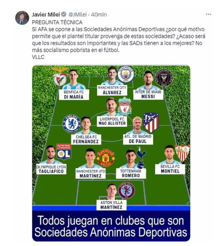 Milei, duro con la AFA por oponerse a las SAD: "No más socialismo pobrista" 1 tuit