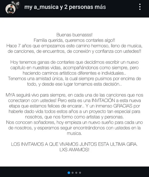 El dúo "MYA" anunció su separación con un triste comunicado 1 comunicado mya