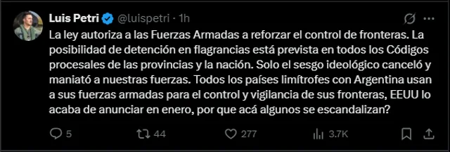 El Gobierno Nacional autorizó a militares a detener civiles en delitos de flagrancia 1 petri tuit