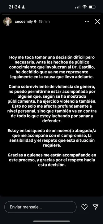 Emily Ceco se desvinculó de Roberto Castillo tras la difusión de sus videos contra Daniela Fontana 1 tuit
