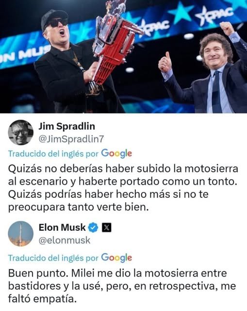 Elon Musk le soltó la mano a Milei y se arrepintió de agarrar la motosierra 1 515507050 10233699652485376 6831635115796914484 n