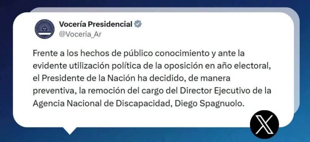 "Farmacoimas": Milei echó al titular de la Agencia de Discapacidad tras el escándalo de los audios 1 FB IMG 1755769682720