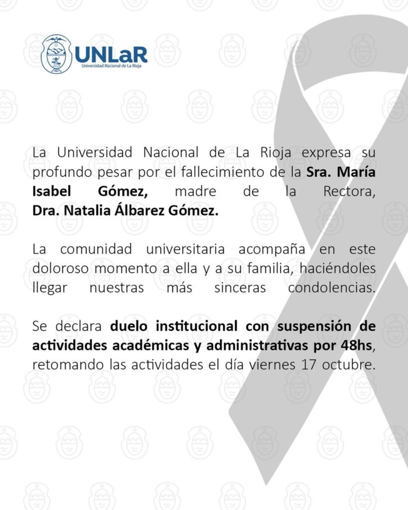 Tras la muerte de la madre de la rectora, la UNLAR decretó duelo por 48 horas y suspendió actividades 1 WhatsApp Image 2025 10 14 at 2.55.14 PM