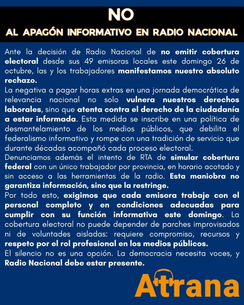 Apagón informativo: Radio Nacional dejó sin cobertura electoral a sus 49 emisoras 1 WhatsApp Image 2025 10 26 at 10.49.30 AM
