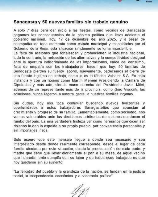 Sbiroli sobre la crisis industrial en Sanagasta: “tras el triunfo de Milei empezamos en decadencia” 1 WhatsApp Image 2025 12 18 at 11.46.18 AM