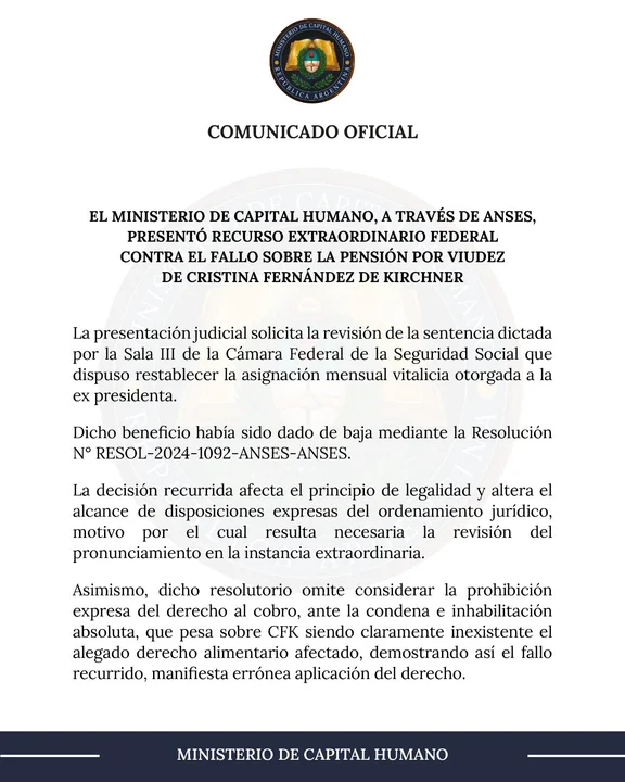 El Gobierno presentó un recurso extraordinario para evitar que Cristina cobre la pensión por viudez 1 CAPITAL HUMANO