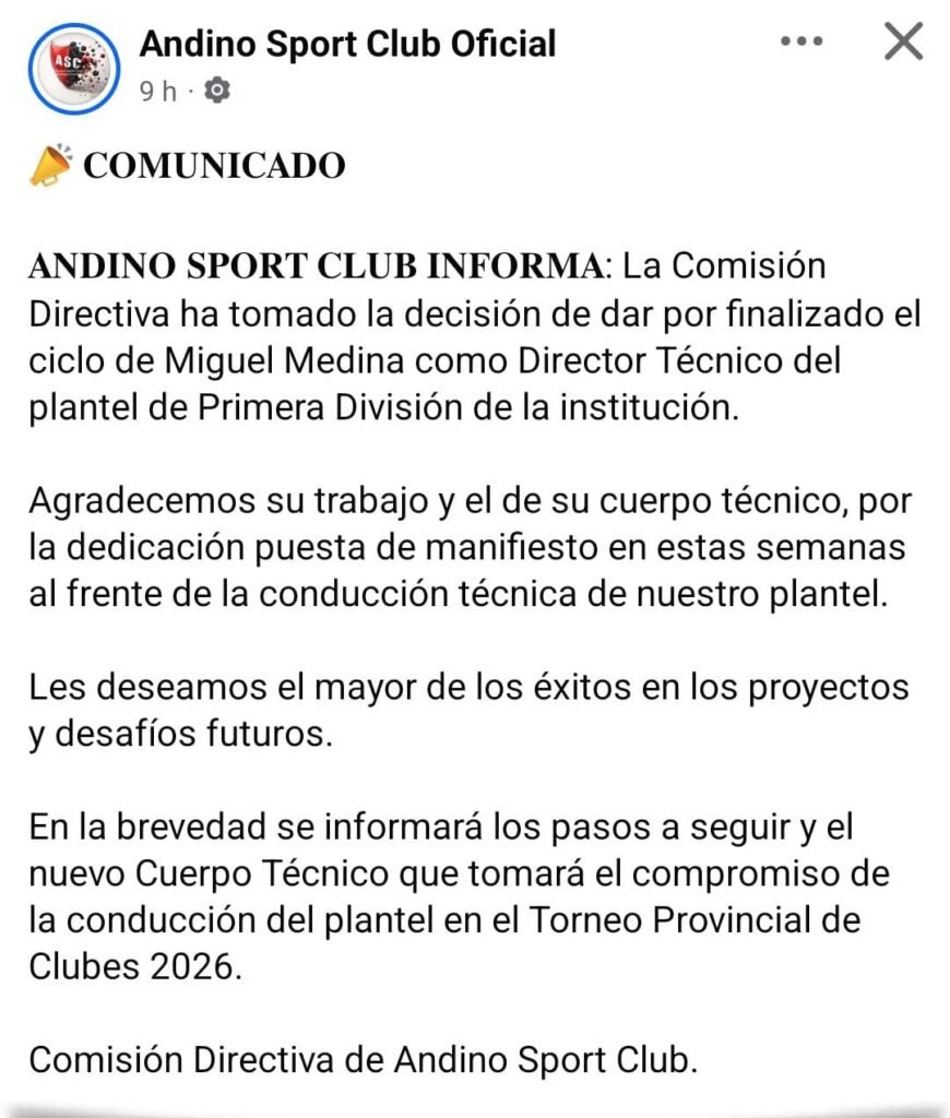 Andino Sport Club oficializó la salida de Miguel Medina 1 WhatsApp Image 2026 02 25 at 10.20.40 AM