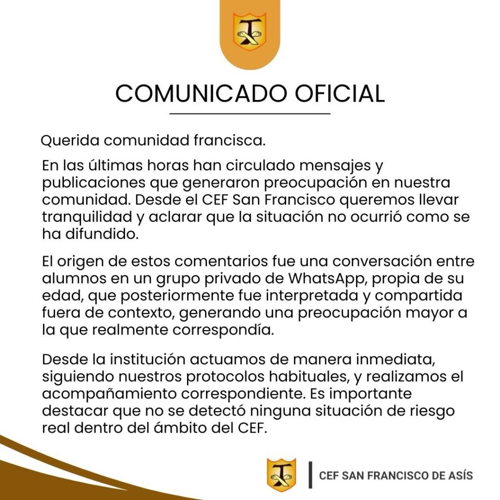 La Escuela San Francisco aclaró que "no se detectó ninguna situación de riesgo real" tras mensajes virales 1 670623025 18433589938142563 7039093023919191906 n