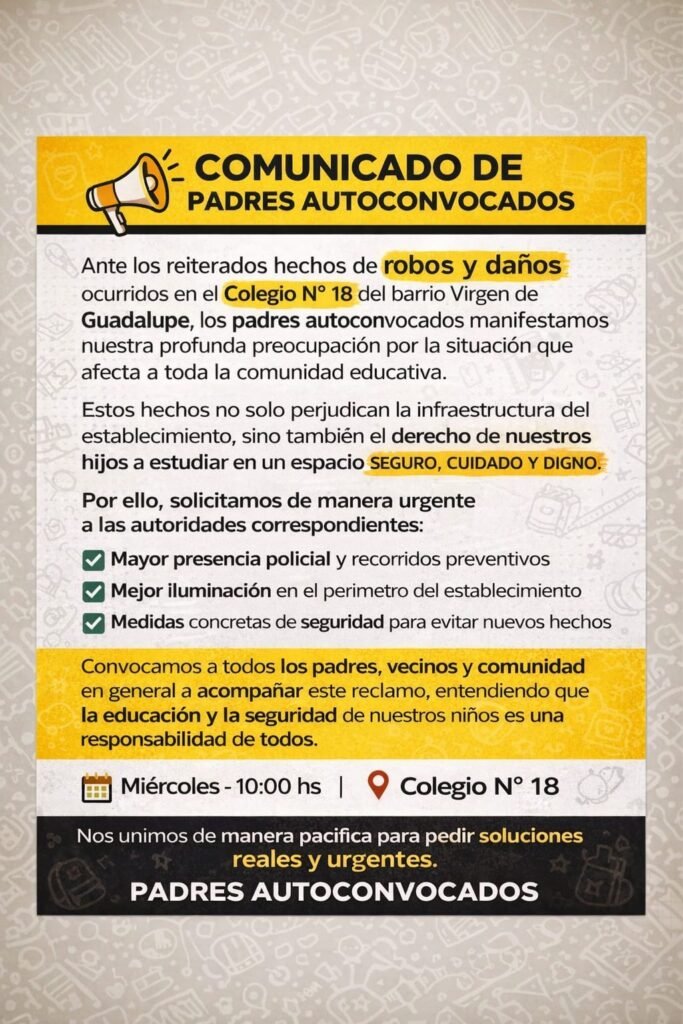 Padres del Colegio N° 18 se autoconvocan ante reiterados hechos de inseguridad 2 WhatsApp Image 2026 04 08 at 11.00.02 AM