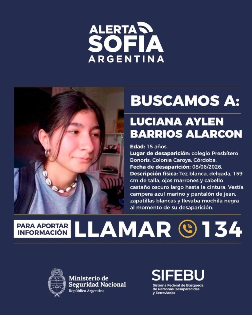 Alerta Sofía: Buscan intensamente a Luciana Aylen Barrios Alarcon en Córdoba WhatsApp Image 2026 06 09 at 11.01.47 AM