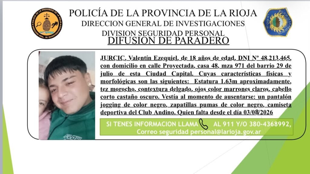Difusión de Paradero: La Policía busca a Valentín Ezequiel Jurcic en La Rioja WhatsApp Image 2026 08 04 at 8.39.38 PM