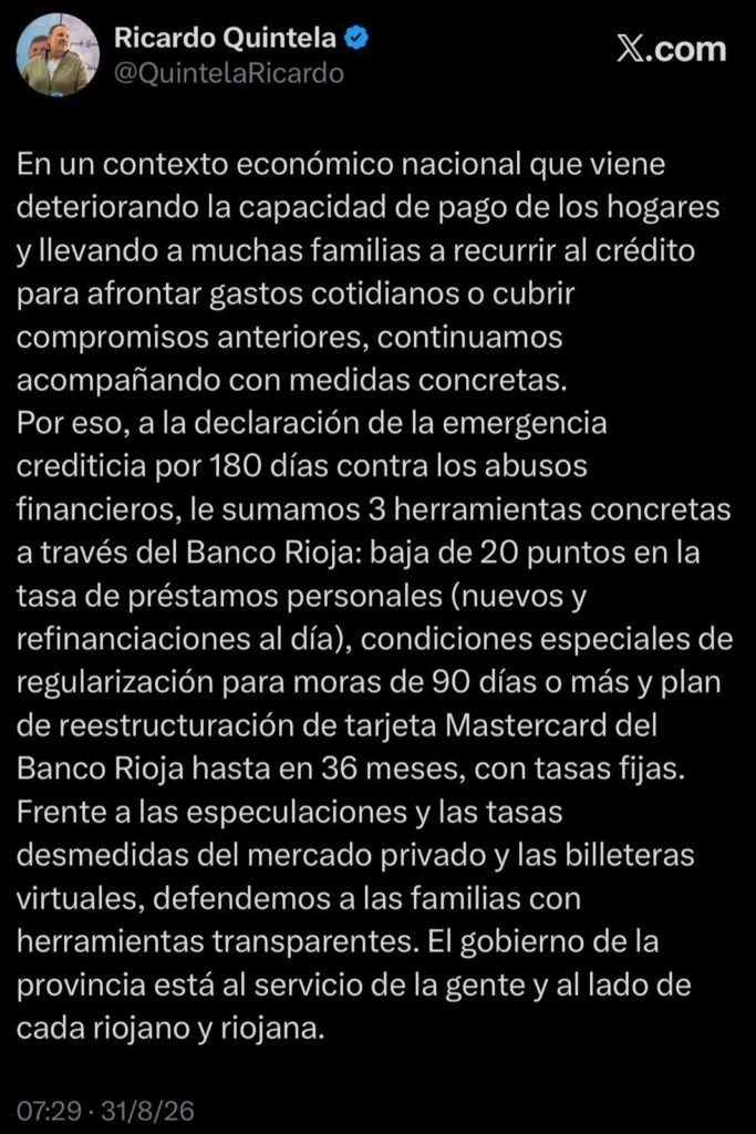 Quintela declaró la emergencia crediticia y lanza medidas de alivio a través del Banco Rioja 1 WhatsApp Image 2026 08 31 at 7.36.11 AM